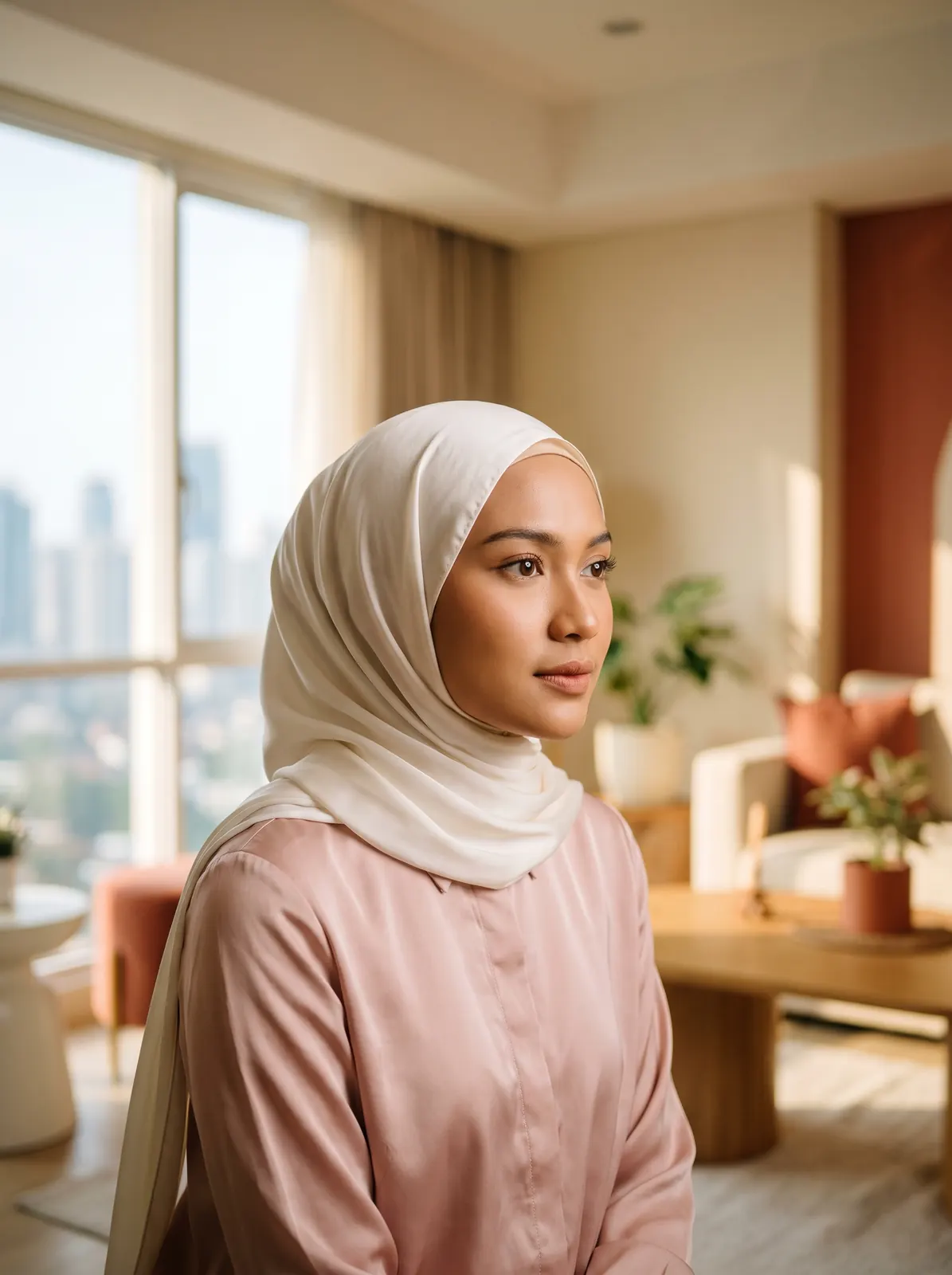 Seorang perempuan duduk di dekat jendela, menatap ke luar