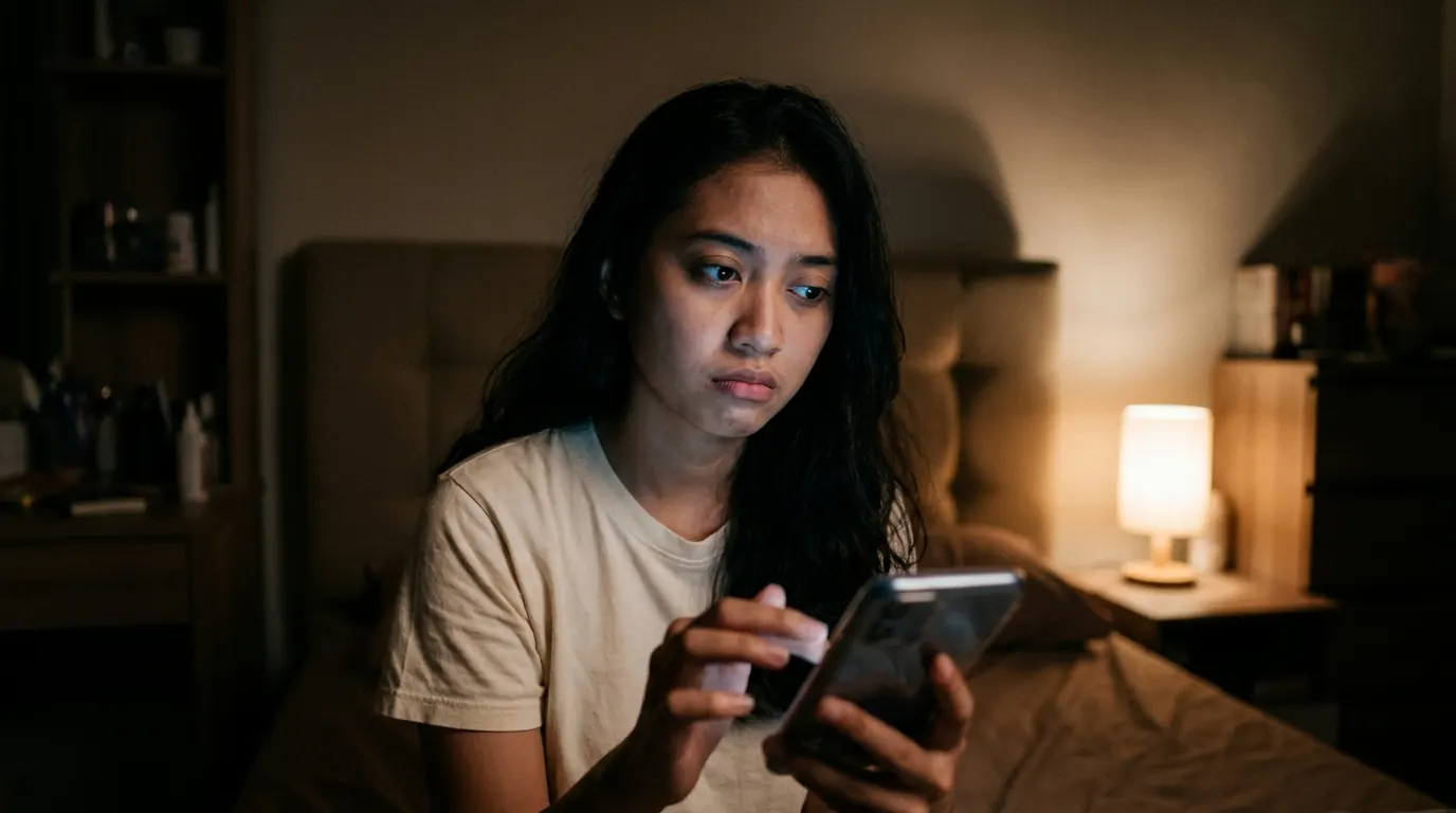 A woman sitting up in bed at night, swiping her phone, looking tired
