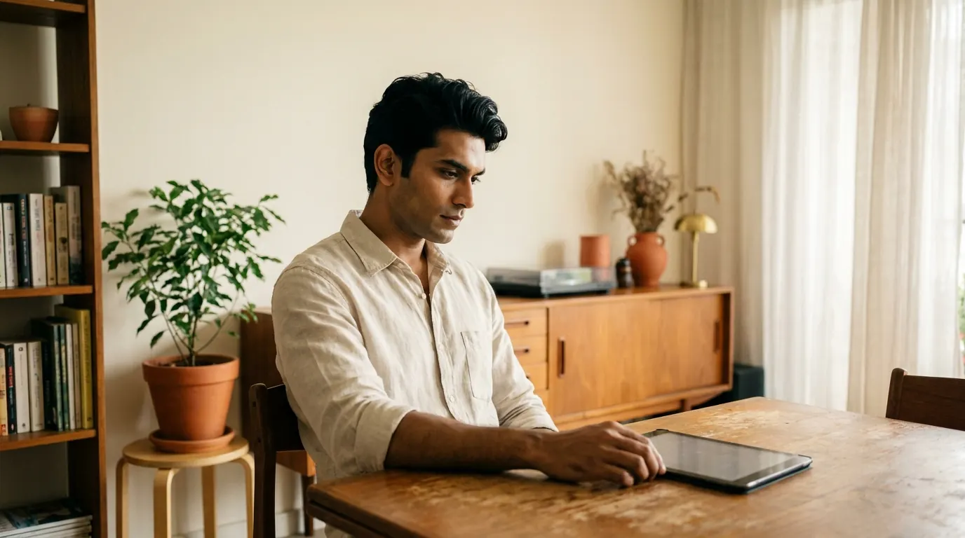 A man at a wooden table, looking down at a tablet, thinking