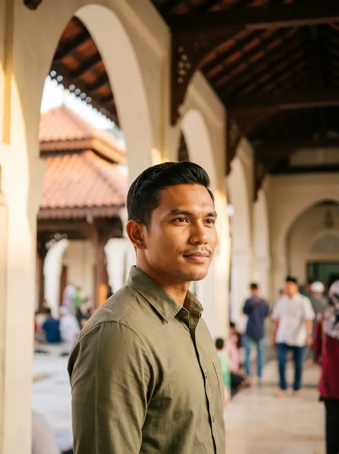 A man standing in a covered walkway after prayers
